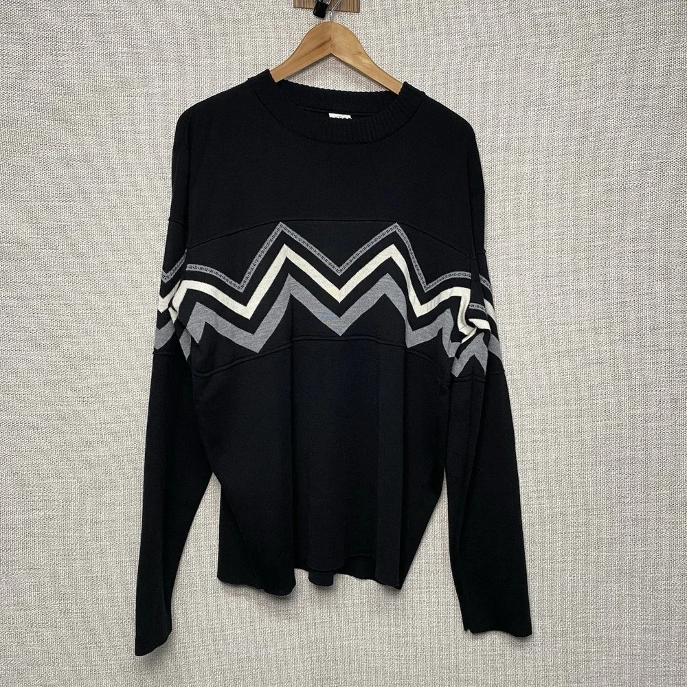 DALE OF NORWAY Sweater XL Merino Wool Crew Neck Pullover Black Chevron Geometric